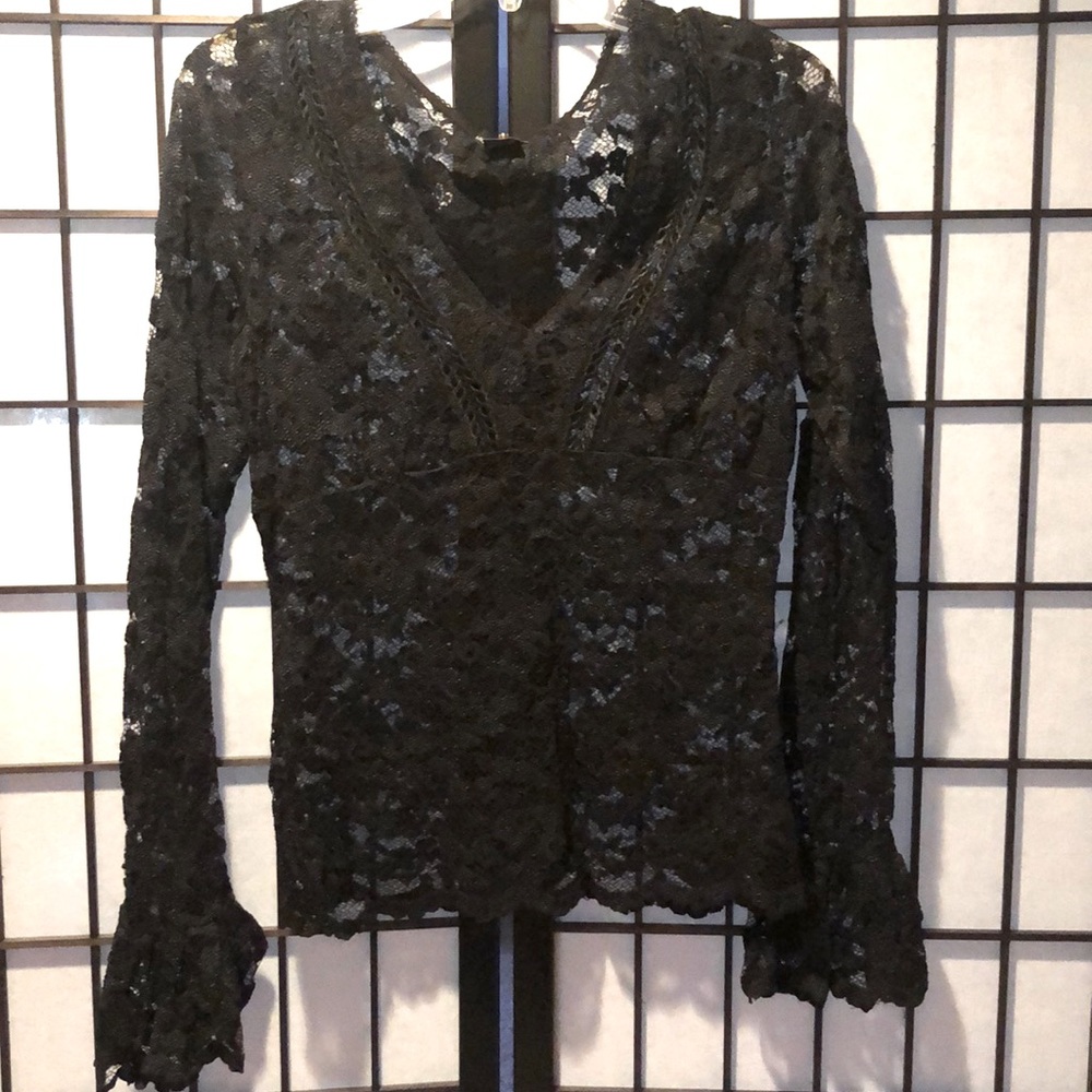 MODA Black Lace Shirt with Ruffled Sleeves, size M